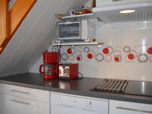 eine Küche mit einer Arbeitsplatte und einer Mikrowelle in der Unterkunft Maison Narbonne, 3 pièces, 6 personnes - FR-1-229B-467 in Narbonne