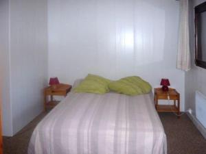 萊索爾的住宿－Appartement Les Orres, 2 pièces, 8 personnes - FR-1-322-7，一间卧室配有一张带绿色床单的床和两张桌子