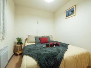 a bedroom with a bed with a black blanket at Appartement Saint-Lary-Soulan, 2 pièces, 6 personnes - FR-1-296-155 in Saint-Lary-Soulan