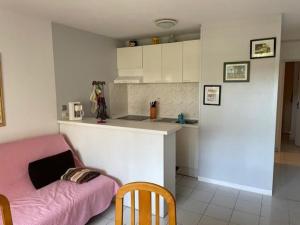 sala de estar con sofá rosa y cocina en Charmant T2 avec piscine et terrasse face au lac, parking privé, animaux acceptés - FR-1-379-55, en Soustons 2 fotos más