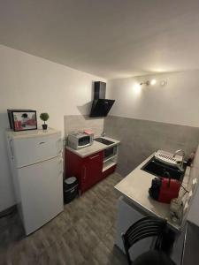 una pequeña cocina con nevera blanca y encimera en Superbe appartement terrasse wifi, en Paroy-sur-Tholon