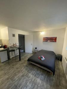 Cette chambre comprend un lit et une table. dans l'établissement Superbe appartement terrasse wifi, à Paroy-sur-Tholon