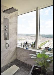 łazienka z dużym oknem i rośliną w obiekcie Luxury and beautiful apartment with unique skyview w Brukseli