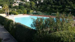 una grande piscina blu accanto a una siepe di APPARTEMENT CLIMATISE - TERRASSE AVEC APERCU MER - GOLF DE ST TROPEZ a Les Issambres