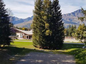 a house with two large trees in a yard at Studio Les Arcs 1800, 1 pièce, 5 personnes - FR-1-411-470 in Arc 1800