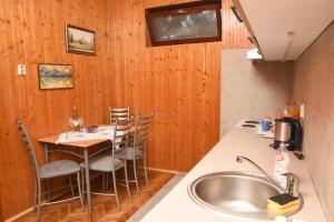a kitchen with a table with chairs and a sink at Apartman Woolf in Senta