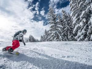 a person riding a snowboard down a snow covered slope at Studio Montvalezan-La Rosière, 1 pièce, 4 personnes - FR-1-398-528 in La Rosière