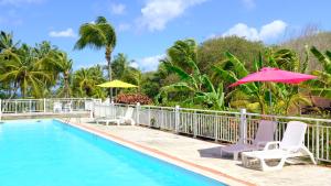 - une piscine avec des chaises, un parasol et un parasol rose dans l'établissement Imperatrice Village - Résidence sur la plage, à Les Trois-Îlets