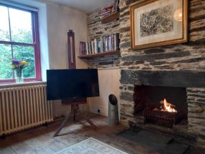 a living room with a fireplace and a flat screen tv at Chapel Cottage in Machynlleth