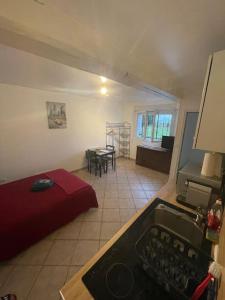 a room with a bed and a kitchen with a table at Le passage in Paroy-sur-Tholon