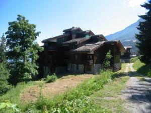 a house on a hill with a dirt road in front at Studio divisible, balcon, animaux acceptés, casier à skis, linge de lit inclus - FR-1-291-839 in Valmorel