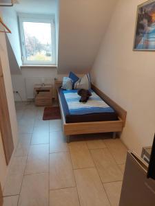 ein kleines Zimmer mit einem Bett mit einer Katze drauf in der Unterkunft Pension Assmann in Langenbruck