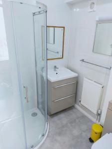 a bathroom with a shower and a sink at The Groveside Guest House in Sidmouth