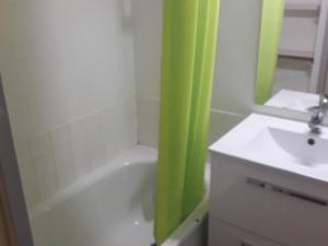a bathroom with a green shower curtain and a sink at Studio Arette, 1 pièce, 4 personnes - FR-1-602-70 in Arette