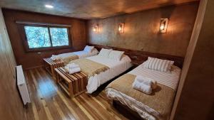 1 dormitorio con 3 camas y ventana en Illi Lodge & Hostel en Ranco