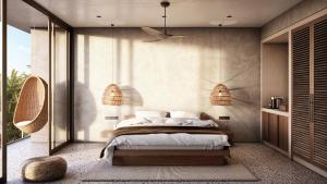 a bedroom with a bed and a large window at The Salty Pelican Yoga & Surf Retreat in Dickwella