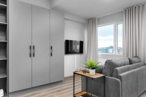 een woonkamer met een bank en een tv bij B20 Apartments in Reykjavík