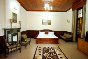 1 dormitorio grande con 1 cama y chimenea en The Edgeworth, en Shimla