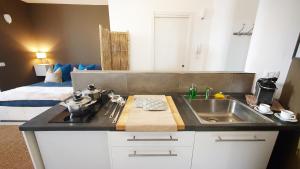 una cocina con fregadero y una cama en una habitación en Apartment Giotto Eremitani, en Padua