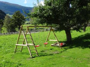 zwei Schaukeln unter einem Baum auf einem Feld in der Unterkunft Haus Hackl in Jerzens