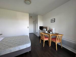 a bedroom with a bed and a table and chairs at Studio "Anémone" à Cambo, 2 pers., WIFI, animaux perm., parking - FR-1-495-100 in Cambo-les-Bains