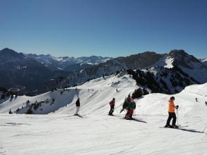 un gruppo di persone che sciano giù da una montagna innevata di Sand 4 a Stanzach