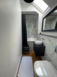 ein Badezimmer mit einem Waschbecken, einem WC und einem Spiegel in der Unterkunft Cheerful 2 bed house on Causeway Coastal Route with parking in Whiteabbey
