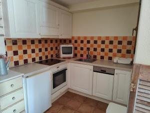 a small kitchen with white cabinets and a microwave at Alkyon Villas in Syvota