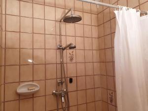 a bathroom with a shower with a toilet and a shower curtain at Casa Peppino in Teulada