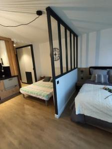 1 dormitorio con 2 camas y espejo en Magnifique 3 étoiles en hyper centre avec place privée, en Aix-les-Bains