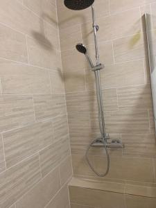 a shower with a shower head in a bathroom at Appartement chaleureux proche RER/ CDG / Parc Expo in Sevran