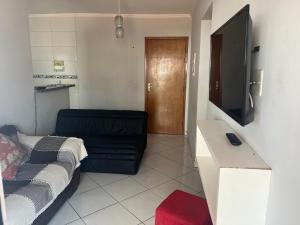 a living room with a couch and a flat screen tv at Apto com Piscina e Churrasqueira in Praia Grande