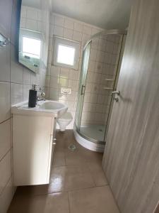 een badkamer met een douche, een wastafel en een toilet bij Holiday home Povile in Novi Vinodolski