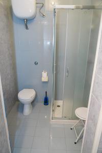 La salle de bains est pourvue d'une douche et de toilettes. dans l'établissement B&B La Strea, à Porto Cesareo