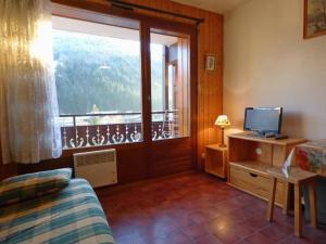 een woonkamer met een televisie en een raam bij Appartement Le Grand-Bornand, 2 pièces, 6 personnes - FR-1-458-139 in Le Grand-Bornand