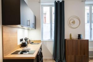 uma cozinha com um lavatório e uma bancada em Opéra 8 - Superbe studio refait à neuf proche place des Terreaux em Lyon