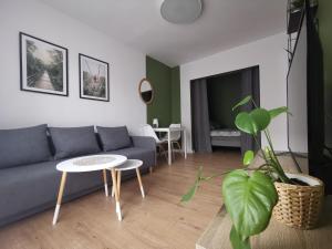 a living room with a blue couch and a table at Apartament Skałka in Świętochłowice