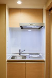 a kitchen with a sink and wooden cabinets at 俪居花园酒店Reikyo Garden Hotel in Osaka
