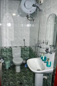 La salle de bains est pourvue de toilettes, d'un lavabo et d'un miroir. dans l'établissement Хотел-механа Павлова къща, à Chiprovtsi