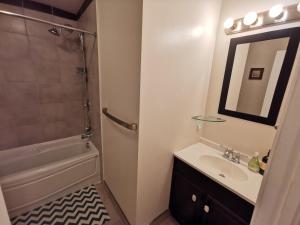 a bathroom with a sink and a shower and a mirror at Beautiful 3 bedroom house in Ottawa