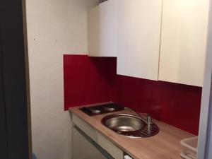een badkamer met een wastafel en een rode muur bij Studio La Mongie, 1 pièce, 5 personnes - FR-1-404-228 in La Mongie