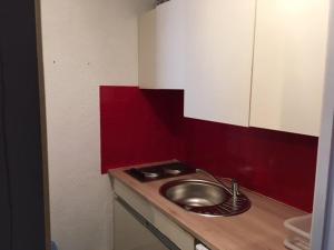 a bathroom with a sink and a red wall at Studio cabine 5 pers, balcon, 80m pistes, animaux ok - FR-1-404-228 in La Mongie