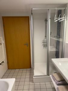a shower with a glass door in a bathroom at Altstadtwohnung Kromers in Erfurt