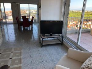 sala de estar con TV y mesa con sillas en Appartement Le Barcarès, 4 pièces, 6 personnes - FR-1-81-525 en Le Barcarès