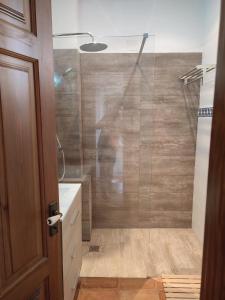 a bathroom with a shower with a glass door at Villa Spa Los Villares in Jaén