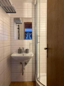 a white bathroom with a sink and a mirror at Planinska kuća na Velebitu, s pogledom na more in Veliki Alan