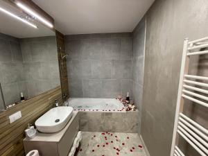 a bathroom with a bath tub and a sink at Apartamente Lux SYA Residence in Braşov