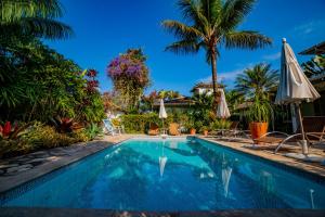 una piscina con sombrillas y palmeras en Maris Paraty, en Paraty