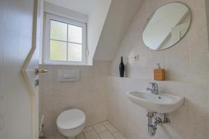 a bathroom with a toilet and a sink and a mirror at Ferienwohnung Panorama Moselblick in Treis-Karden