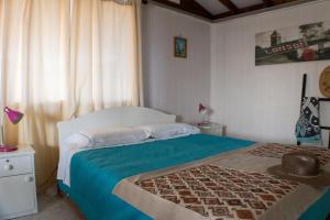 a bedroom with a bed with a blue blanket at Cabañas Ecologicas Alto Cañizares in Bahia Inglesa